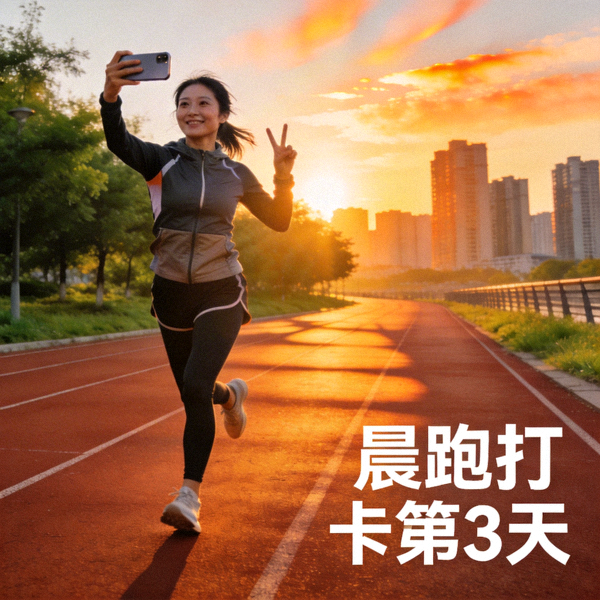 社区用户分享的晨跑打卡照片 - 日出下的城市跑道